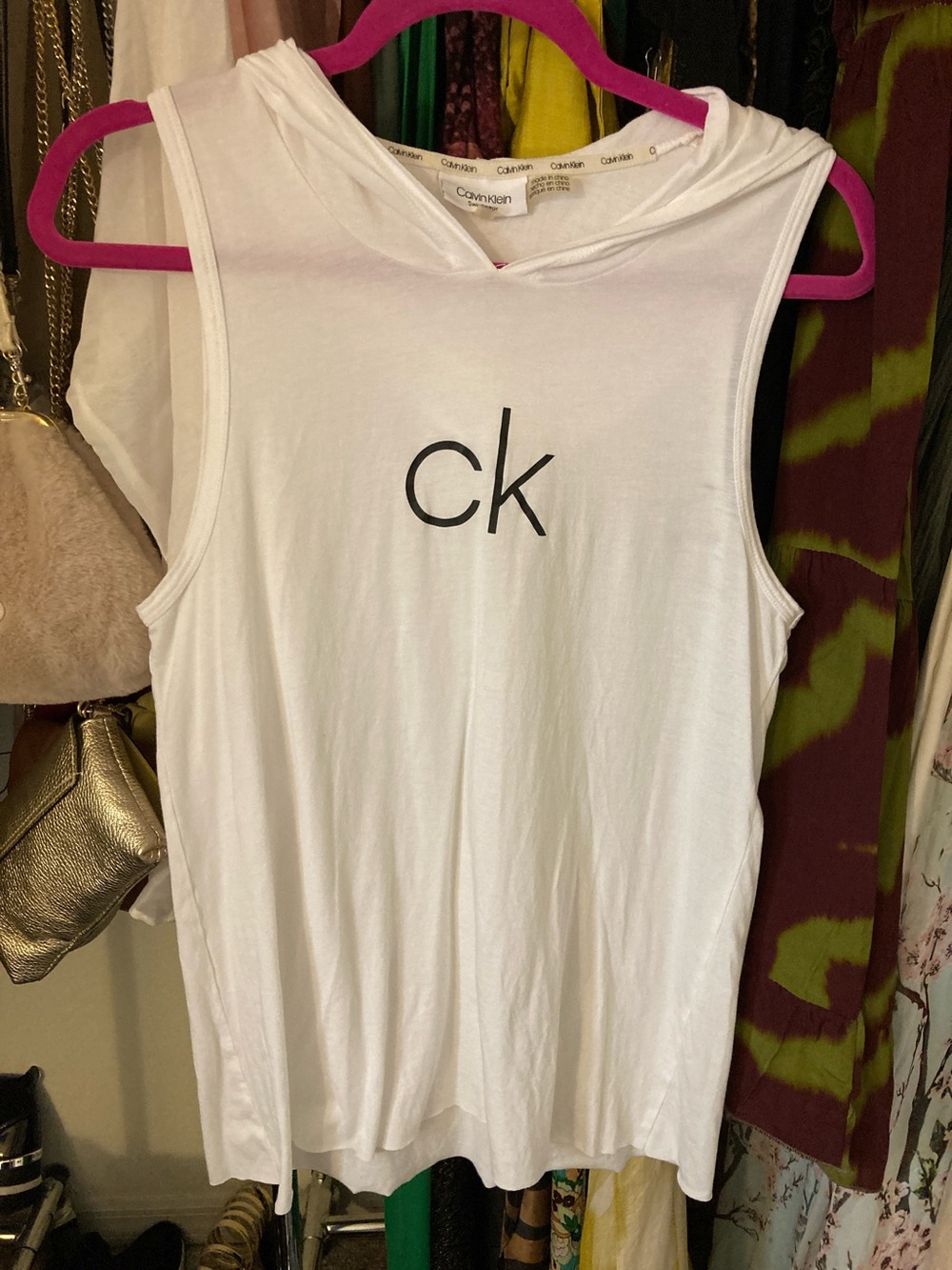 Calvin Klein White Hooded Sleeveless Tank with Black CK Logo